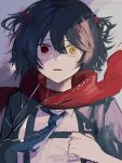  1boy absurdres black_hair blue_necktie commentary heterochromia highres male_focus mashiro_(1st_costume)_(nijisanji) mashiro_(nijisanji) necktie nijisanji open_mouth p_kotai red_eyes red_scarf scarf solo symbol-only_commentary yellow_eyes 
