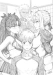  2boys 2girls absurdres alternate_breast_size archer_(fate) artoria_pendragon_(fate) bra breast_envy breasts emiya_shirou eye_contact fate/stay_night fate_(series) fkscrashing girl_sandwich greyscale hair_bun highres large_breasts looking_at_another medium_breasts monochrome multiple_boys multiple_girls nipples open_clothes pleated_skirt saber sandwiched skirt tohsaka_rin twintails underwear undressing 