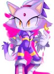  1girl blaze_the_cat cat_girl cat_tail eyelashes fire forehead_jewel fur-trimmed_gloves fur_trim furry furry_female gloves hand_on_own_hip highres jumpsuit nuinu_17 ponytail purple_fur purple_jumpsuit sonic_(series) sonic_riders tail yellow_eyes 