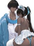  1boy 1girl absurdres ass back bare_shoulders black_hair blue_archive blue_panties blue_scrunchie breasts commentary dark-skinned_female dark-skinned_male dark_skin dishwasher1910 earrings genderswap genderswap_(ftm) hat highres jewelry karin_(blue_archive) large_breasts long_hair looking_at_viewer looking_back multicolored_hair no_halo nurse_cap panties pants ponytail purple_hair scrunchie shirt simple_background skirt smile symbol-only_commentary thighhighs two-tone_hair underwear white_background white_headwear white_shirt white_skirt white_thighhighs yellow_eyes 