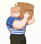  1boy bara box bulge cardboard_box carrying_over_shoulder delivery employee_uniform facial_hair feet_out_of_frame glasses goatee_stubble highres holding holding_box large_pectorals looking_at_viewer male_focus muscular muscular_male original package pants pectorals seductive_smile short_hair smile solo stubble thick_eyebrows uniform yogireji 