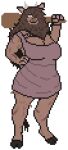  anthro bovid bovine bowser1029_(artist) breasts brown_body brown_fur brown_hair brown_skin brunkdutt clothed clothing club_(weapon) colored digital_drawing_(artwork) digital_media_(artwork) dress european_mythology female fur greek_mythology hair hand_on_hip hi_res holding_club holding_melee_weapon holding_object holding_weapon mammal mane mane_hair melee_weapon minotaur mythology pixel_(artwork) scar solo standing urga_(a_small_tool) weapon wide_hips 