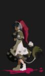  1girl black_background black_capelet blue_hair capelet dark_background doremy_sweet dress from_side full_body hat highres minamia23 nightcap red_headwear short_hair simple_background solid_oval_eyes solo tail tapir_tail touhou walking white_dress white_footwear 