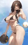  1girl armpits bare_arms bare_shoulders beach_volleyball bikini black_bikini black_hair breasts cleavage commission contrapposto covered_nipples cowboy_shot elsword eve_(2nas)_(elsword) eve_(elsword) facial_mark grin hair_ornament hair_over_shoulder halterneck hand_up highleg highleg_bikini highres large_breasts long_hair looking_at_viewer moby_(elsword) navel orange_eyes remy_(elsword) sabi_(ghke4333) second-party_source skindentation smile solo stomach strap_gap string_bikini swimsuit thick_thighs thighs 