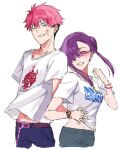  1boy 1girl blue_eyes blush couple denim earrings gauma gridman_universe gridman_universe_(film) hair_between_eyes hair_bun hetero holding_hands jeans jewelry long_hair official_alternate_costume pants princess_(dynazenon) purple_hair red_hair risyo scar scar_on_face shirt short_hair smile ssss.dynazenon sunglasses t-shirt 