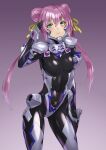  1girl black_bodysuit black_gloves blush bodysuit breasts covered_navel double_bun fortified_suit frown gloves gradient_background green_eyes hair_between_eyes hair_bun hair_ribbon highres kurione_(zassou) long_hair looking_at_viewer muvluv muvluv_alternative muvluv_alternative_(anime) pilot_suit pink_hair purple_background ribbon salute skin_tight small_breasts solo tamase_miki v-shaped_eyebrows very_long_hair yellow_ribbon 