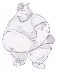  anthro belly big_belly blush bodily_fluids chubby_cheeks clothed clothing clothing_pull daef domestic_pig embarrassed greyscale hi_res male mammal monochrome moobs mottled navel obese obese_anthro obese_male open_mouth overweight overweight_anthro overweight_male piebald shirt shirt_pull simple_background solo standing suid suina sus_(pig) sweat sweatband sweatdrop thick_thighs tight_clothing topwear topwear_pull weight_gain white_background wide_hips 