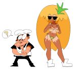  1boy 1girl :3 ? bikini black_hair blonde_hair breast_suppress breasts chef_hat commentary_request facial_hair food-themed_clothes hair_ornament hat large_breasts looking_at_another multicolored_hair mustache neamosub oekaki orange_hair peppino_spaghetti personification pineapple_toppin_(pizza_tower) pizza_tower raised_eyebrow short_hair simple_background spoken_question_mark sunglasses swimsuit tan tanlines thinking two-tone_hair white_background white_footwear 