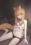  1girl animal_ear_fluff animal_ears barefoot black_panties blush camisole closed_mouth clothes_lift fox_ears fox_girl fox_tail lifted_by_self looking_at_viewer nito_(nshtntr) orange_eyes orange_hair original panties short_hair_with_long_locks sitting solo tail underwear white_camisole 