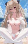  1girl absurdres anchorage_(azur_lane) anchorage_(dolphins_and_swim_lessons)_(azur_lane) azur_lane bare_shoulders beach bikini blue_sky breasts brown_hair closed_mouth cloud collarbone crossed_legs hair_between_eyes hair_ribbon hand_on_own_chest highres large_breasts light_blush light_brown_hair long_hair looking_at_viewer lost-phews navel ocean official_alternate_costume outdoors pink_nails purple_eyes ribbon see-through see-through_legwear side-tie_bikini_bottom sitting sky solo stomach swimsuit thighhighs toes topless twintails water white_bikini white_thighhighs 