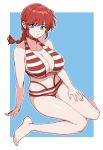  1girl barefoot bikini blue_background blue_eyes border braid braided_ponytail breasts cleavage closed_eyes collarbone highres large_breasts long_hair looking_at_viewer navel ranma-chan ranma_1/2 red_hair single_braid siribang1215 sitting solo striped striped_bikini swimsuit wariza white_border 