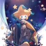  aqua_eyes arm_support blue_flower commentary_request flower highres holding holding_flower jirachi looking_down no_humans petals pokemon pokemon_(creature) rock sitting solo viinca_(perivinca) 