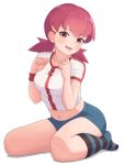  1girl :d breasts clenched_hands commentary eyelashes full_body hands_up hiyoshipow long_hair looking_at_viewer navel open_mouth pink_eyes pink_hair pokemon pokemon_(game) pokemon_hgss shirt short_sleeves shorts smile socks solo striped striped_socks tongue twintails white_background white_shirt whitney_(pokemon) wristband 