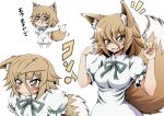  1girl animal_ears blonde_hair blush breasts brown_eyes chibi ears_down fang fox_ears fox_shadow_puppet fox_tail hair_between_eyes hidefu_kitayan highres kudamaki_tsukasa large_breasts long_bangs multiple_views musical_note open_mouth puffy_short_sleeves puffy_sleeves romper short_hair short_sleeves simple_background smirk sound_effects tail touhou v v-shaped_eyebrows wavy_mouth white_background white_romper 