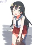  1girl absurdres agano_(kancolle) anchor_ornament black_hair black_necktie black_sailor_collar black_thighhighs feet_out_of_frame garter_straps green_eyes highres kantai_collection long_hair necktie one-hour_drawing_challenge pleated_skirt red_skirt robinson_(day_l_full) sailor_collar school_uniform serafuku shirt simple_background single_garter_strap single_thighhigh skirt sleeveless sleeveless_shirt smile thighhighs twitter_username white_background white_shirt 
