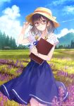  1girl absurdres adjusting_clothes adjusting_headwear arms_up black-framed_eyewear blue_ribbon blue_skirt blue_sky book cabin closed_mouth cloud cowboy_shot day field floral_print flower fukahire_(ruinon) glasses hand_up hat highres holding holding_book house lavender_(flower) long_skirt non-web_source notebook original outdoors purple_eyes purple_hair ribbon shirt short_sleeves skirt sky solo sun_hat tree utility_pole visible_ears watch wheat_field white_shirt wristwatch yellow_headwear 