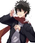  1boy anninn_do_fu black_eyes black_hair brown_scarf commentary_request hands_up kamijou_touma long_sleeves looking_at_viewer male_focus one_eye_closed scarf short_hair snow snowball solo teeth toaru_majutsu_no_index upper_body winter 