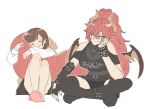  2girls bare_shoulders breasts brown_hair closed_eyes dragon_girl dragon_horns dragon_tail dragon_wings hand_on_own_cheek hand_on_own_face highres holding_another&#039;s_tail horns hug hugging_another&#039;s_tail hugging_tail large_breasts long_hair multiple_girls red_hair slippers tail tama_gotoh twitter very_long_hair virtual_youtuber vshojo wings yoruny zentreya zentreya_(dragon) zentreya_(dragon)_(3rd_costume) 