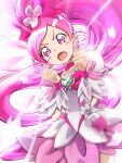  1girl artist_name blush bow choker clear_glass_(mildmild1311) commentary_request cure_blossom dress earrings eyelashes hair_bow hair_ornament hanasaki_tsubomi heartcatch_precure! high_ponytail highres jewelry long_hair looking_at_viewer magical_girl open_mouth pink_bow pink_choker pink_dress pink_eyes pink_hair pink_theme ponytail precure puffy_short_sleeves puffy_sleeves short_sleeves signature solo twitter_username very_long_hair wrist_cuffs 
