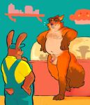  2023 anthro balls belly blush canid canine clothing disney duo fox genitals gideon_grey grosspups hi_res lagomorph leporid male male/male mammal moobs orange_body overalls overweight overweight_male penis rabbit shirt stu_hopps topwear zootopia 