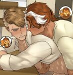  2boys almond_cookie bara blush brown_hair cappuccino_cookie cookie_run couple dark-skinned_male dark_skin from_side goatee_stubble grabbing grabbing_from_behind head_out_of_frame highres implied_sex large_pectorals looking_back low_ponytail male_focus mature_male medium_hair multicolored_hair multiple_boys nipples paid_reward_available partially_undressed pectoral_grab pectorals reach-around short_hair sideburns_stubble streaked_hair thick_eyebrows toned toned_male upper_body white_hair wyatt_wu1020 yaoi 