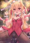  1girl >_< absurdres alternate_language animal_ear_fluff animal_ears arata_(xin) bare_shoulders black_cat black_leotard black_pantyhose blonde_hair blush bow bowtie breasts bunny_day cat clenched_hand commentary company_name copyright_notice covered_navel detached_collar english_commentary english_text flying_sweatdrops furrowed_brow hair_between_eyes hair_ribbon highres kneeling leotard little_witch_nobeta long_hair nobeta nose_blush official_alternate_costume official_art open_mouth oversized_breast_cup pantyhose phyllis_(cat)_(little_witch_nobeta) phyllis_(little_witch_nobeta) playboy_bunny rabbit_ears red_bow red_bowtie red_eyes red_ribbon ribbon second-party_source small_breasts solo spread_legs strapless strapless_leotard traditional_bowtie twintails wrist_cuffs 