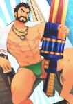  1boy abs beard black_hair bulge chest_hair day facial_hair graves_(league_of_legends) green_male_swimwear holding holding_water_gun jewelry league_of_legends looking_at_viewer male_focus male_swimwear navel necklace nipples official_alternate_costume outdoors pool_party_graves short_hair smile solo sudo_(sudo_kurokawa) towel towel_around_neck water_gun 