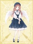  1girl angel_wings black_footwear bow bowtie brown_hair chain_paradox dress feathered_wings frills full_body grey_eyes hat long_hair long_sleeves looking_at_viewer natsu_nts pinafore_dress puffy_long_sleeves puffy_sleeves sleeveless sleeveless_dress socks solo standing white_socks white_wings wings 