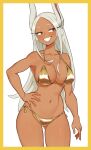  1girl :d animal_ears ass_visible_through_thighs bare_shoulders bikini blush boku_no_hero_academia border breasts cleavage collarbone dark-skinned_female dark_skin flowers-imh gold_bikini hand_on_own_hip highres large_breasts long_eyelashes long_hair looking_to_the_side mirko navel parted_bangs rabbit_ears rabbit_girl red_eyes side-tie_bikini_bottom smile solo stomach swimsuit teeth thighs toned white_background white_hair yellow_border 