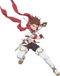  1boy armor black_gloves boots dual_wielding english_commentary gloves highres holding holding_sword holding_weapon lloyd_irving lloyd_irving_(fang_of_the_white_lions) male_focus official_alternate_costume official_art red_scarf scarf short_sleeves smile spiked_hair sword tales_of_(series) tales_of_asteria tales_of_symphonia thigh_boots transparent_background weapon 