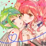  2girls armpit_peek black_bow blue_background blue_eyes blush bow bracelet breasts frilled_shirt frills gift_art green_background hair_behind_ear hairband heart highres holding_hands jewelry looking_at_viewer macross macross_delta makina_nakajima makoji_(yomogi) medium_breasts multiple_girls open_mouth pink_hair pink_nails pink_shirt pointy_ears reina_prowler second-party_source shirt sleeveless sleeveless_shirt smile striped striped_shirt twintails vertical-striped_shirt vertical_stripes white_hairband yuri 