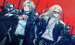  ak-74 assault_rifle blonde_hair blue_eyes bodypaint command_spell daybit_sem_void fate/grand_order fate_(series) glasses gun holding holding_gun holding_weapon jacket jewelry kalashnikov_rifle long_hair long_sleeves male_focus mask multiple_boys necklace open_clothes open_jacket red_background rifle sei_8220 shirt short_hair smile stomach striped striped_shirt tezcatlipoca_(fate) trench_coat weapon white_shirt 