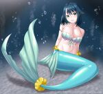  1girl air_bubble awono_nanaumi blue_hair breasts bubble cleavage collarbone commentary fukami_nana full_body green_eyes hair_flaps highres large_breasts looking_at_viewer mermaid monster_girl original short_hair sitting smile solo sparkle symbol-only_commentary underwater 
