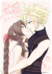  1boy 1girl aerith_gainsborough belt blonde_hair blue_eyes blue_shirt blush braid braided_ponytail brown_belt brown_hair choker cloud_strife couple dress earrings final_fantasy final_fantasy_vii final_fantasy_vii_remake green_eyes hair_ribbon hands_on_another&#039;s_chest hetero imminent_kiss jewelry kirishima_saya long_hair looking_at_another multiple_belts parted_bangs pink_background pink_dress pink_ribbon ribbon ribbon_choker shirt short_hair sidelocks signature single_braid single_earring sleeveless sleeveless_dress sleeveless_turtleneck spiked_hair suspenders turtleneck upper_body wavy_hair 