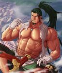  1boy abs absurdres bara bare_pectorals bare_shoulders biceps bow_(weapon) braid crossed_legs eyewear_in_mouth eyewear_removed facial_hair feet_out_of_frame glasses gloves goatee green_hair highres holding holding_bow_(weapon) holding_weapon jewelry ko_shushu large_pectorals long_hair looking_at_viewer male_focus mature_male mouth_hold murakami_teppa muscular muscular_male navel necklace nipples pectorals ponytail revenger seductive_smile shirt side_braid single_braid smile smirk smoke solo stomach thick_eyebrows torn_clothes torn_shirt veins veiny_arms weapon white_gloves 