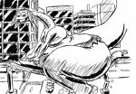  2006 anthro big_breasts big_butt breasts brontosaurus building butt city city_destruction clothed clothing dinosaur diplodocid female hair headgear huge_butt huge_thighs hyper hyper_butt kazecat long_neck macro monochrome obese obese_anthro obese_female overweight overweight_anthro overweight_female portia_(kazecat) reptile sauropod scalie simple_background size_difference tail thick_thighs train vehicle wide_hips 