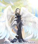  1girl anniversary architecture black_dress black_gloves black_headdress blonde_hair blush breasts commentary copyright_name covered_navel covered_nipples dress falling_feathers feathered_wings feathers fingerless_gloves gloves hairstyle_request highres indoors keraunos_(sennen_sensou_aigis) large_wings light long_dress long_hair long_sleeves looking_at_viewer looking_down medium_breasts parted_lips sennen_sensou_aigis shawl solo standing tight_clothes tight_dress very_long_hair white_feathers white_shawl white_wings wide_sleeves window wings yellow_eyes yukihane_(snowowl515) 