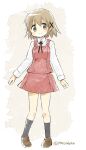  black_ribbon black_socks blush brown_footwear brown_hair hidamari_sketch highres panzuban red_skirt ribbon shirt skirt smile socks white_shirt yuno_(hidamari_sketch) 