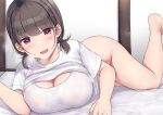  1girl :d ass bare_legs barefoot black_hair blush breasts cleavage commentary_request futon hair_ornament hairclip heart heart-shaped_pupils highres indoors large_breasts looking_at_viewer lying mizunashi_kenichi no_panties on_stomach open_mouth original purple_eyes shirt short_sleeves short_twintails smile sports_bra symbol-shaped_pupils t-shirt twintails white_shirt white_sports_bra 