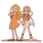  2girls asuka_momoko backpack bag blonde_hair blush brown_footwear closed_eyes covering_mouth dress full_body green_eyes hand_over_own_mouth highres holding_hands laughing long_hair multiple_girls ojamajo_doremi open_mouth orange_dress sasai_sayuri shirt shoes short_sleeves simple_background skirt smile standing suspender_skirt suspenders tamaki_reika white_background white_footwear white_skirt 