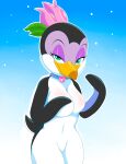  anthro avian bird breasts choker eyeliner eyeshadow featureless_breasts featureless_crotch flower gradient_background green_eyes hi_res jewelry makeup male marina_(the_pebble_and_the_penguin) necklace penguin plant simple_background snow solo zebra10045 
