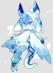  anthro blue_body blue_eyes blue_hair blue_skin blush clothed clothing countershading dated dragon elemental_creature elemental_dragon hair hi_res ice_dragon male maru_show ponytail simple_background solo tail underwear underwear_only watermark white_body white_countershading 