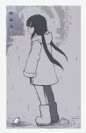  1girl abstract_background blunt_bangs boots border co-li_star commentary_request expressionless floating_hair frog from_side full_body greyscale hood hood_down hooded_coat long_hair looking_ahead low_twintails monochrome osage_(inabakumori) profile puddle rain raincoat rainy_boots_(vocaloid) rubber_boots sleeves_past_fingers sleeves_past_wrists solo song_name standing translation_request twintails vocaloid 