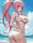  1girl ass bare_arms bare_shoulders bikini blue_sky breasts candy choker cloud commentary cowboy_shot day food helloimtea highres holding holding_candy holding_food holding_lollipop hololive large_breasts lollipop long_hair looking_at_viewer mori_calliope open_mouth pink_eyes pink_hair ponytail sidelocks skull_print sky solo standing swimsuit thighs tongue tongue_out very_long_hair white_bikini 