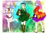  3girls animal_ears boots brown_hair card cat_ears cat_girl cat_tail full_body goutokuji_mike green_hair green_shirt green_skirt height_difference impossible_clothes japanese_clothes kaisouou_konbu key kimono komakusa_sannyo looking_at_viewer medium_hair multicolored_background multicolored_hair multiple_girls navel purple_hair purple_skirt red_kimono shirt skirt smile smoking_pipe tail thigh_boots touhou unconnected_marketeers wavy_hair white_hair yamashiro_takane 