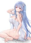  1girl absurdres arm_behind_head ass azur_lane bare_shoulders barefoot blue_hair blush breasts commentary_request deogho_(liujinzy9854) feet flower from_behind hair_flower hair_ornament highres korean_commentary large_breasts long_hair looking_at_viewer looking_back naked_towel official_alternate_costume parted_lips purple_eyes sideboob simple_background sitting solo toes towel voroshilov_(azur_lane) voroshilov_(devoted_as_the_warm_snow)_(azur_lane) wariza wet 