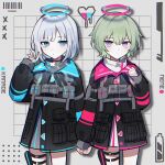  2girls barcode battery_indicator black_jacket blue_eyes blue_halo bob_cut candle_no_kaori_wa_omoide_to_tomo_ni_(project_sekai) close_game/offline_(project_sekai) closed_mouth cosplay dress green_hair grey_dress halo holding_hands jacket kusanagi_nene long_sleeves looking_at_viewer mechanical_halo multiple_girls official_alternate_hairstyle ootori_emu ootori_emu_(cosplay) pink_halo project_sekai purple_eyes shadow short_hair tactical_clothes thigh_pouch thigh_strap waka_(wk4444) white_dress white_hair yoisaki_kanade 