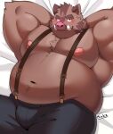  2023 anthro belly big_belly blush bottomwear clothing hermann_(knights_college) hi_res kemono knights_college lying male mammal musclegut navel nipples overweight overweight_male pants solo suid suina sus_(pig) suspenders whitebeast20 wild_boar 
