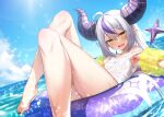  1girl ahoge barefoot black_nails blue_sky blush braid breasts commentary day demon_girl demon_horns fang feet foot_out_of_frame grey_hair hair_between_eyes highres hololive horns innertube la+_darknesss legs long_hair looking_at_viewer mafuyun multicolored_hair on_innertube one-piece_swimsuit open_mouth outdoors pointy_ears purple_hair school_swimsuit sidelocks skin_fang sky small_breasts solo streaked_hair striped_horns swimsuit symbol-only_commentary toenails toes virtual_youtuber water wet white_one-piece_swimsuit yellow_eyes 