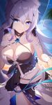  1girl absurdres animal_ears bare_shoulders beach bikini black_bikini blue_eyes blue_sky breasts chinese_commentary cleavage closed_mouth commentary commentary_request cowboy_shot gradient_hair grey_hair hair_between_eyes hair_ornament hairclip halterneck hand_on_own_chest highres honkai_(series) honkai_impact_3rd jewelry kiana_kaslana kiana_kaslana_(herrscher_of_finality) large_breasts long_hair looking_at_viewer multicolored_hair navel official_alternate_costume outdoors purple_hair sky smile solo swimsuit umbrella ya_ya_zhi_luo 